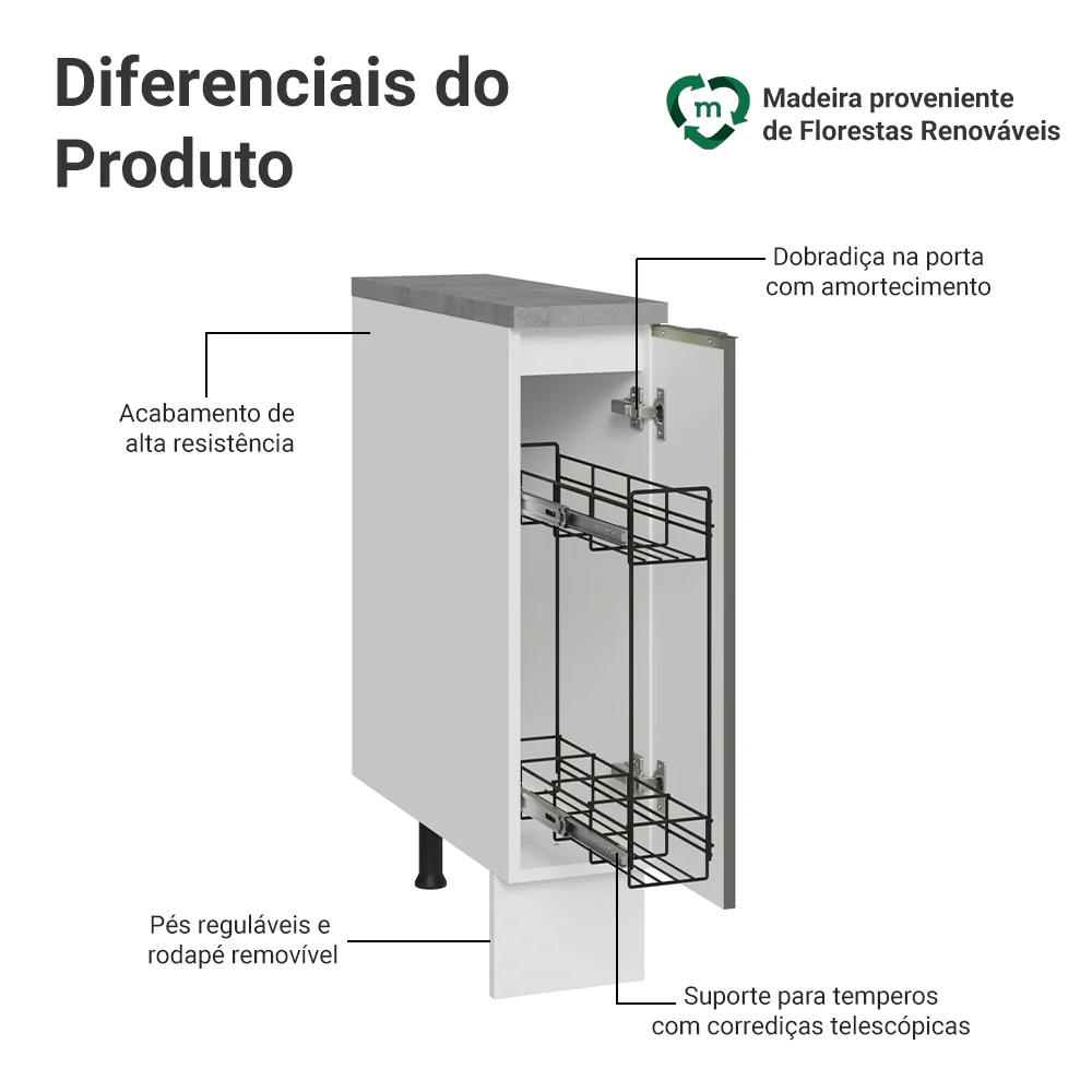 Balcão Porta-Temperos 20 x 60 cm 1 Porta (Com Tampo) Branco Veludo Lux Madesa - Image 4