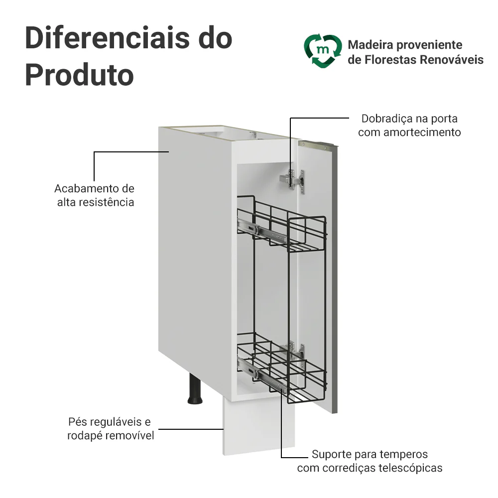 Balcão Porta-Temperos 20 x 60 cm 1 Porta (Sem Tampo) Branco Veludo Lux Madesa - Image 4