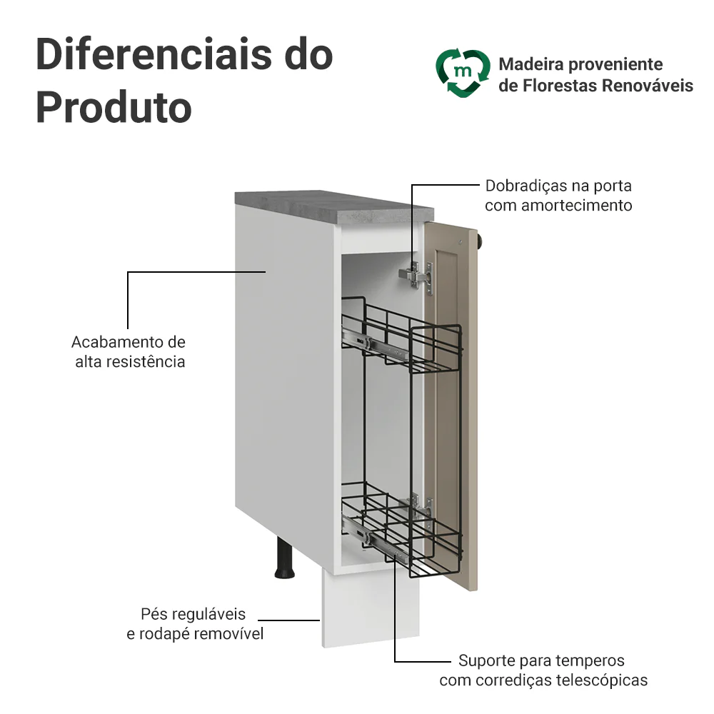 Balcão Porta-Temperos 20x60 cm 1 Porta (Com Tampo) Branco/Crema Vik Madesa - Image 3