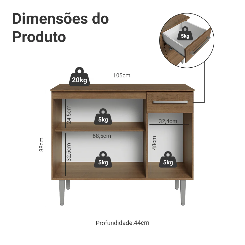 Buffet Aparador 105cm 3 Portas e 1 Gaveta Rustic Madesa - Image 3