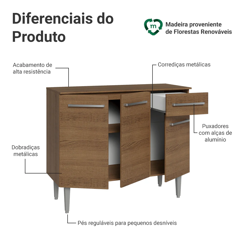 Buffet Aparador 105cm 3 Portas e 1 Gaveta Rustic Madesa - Image 4