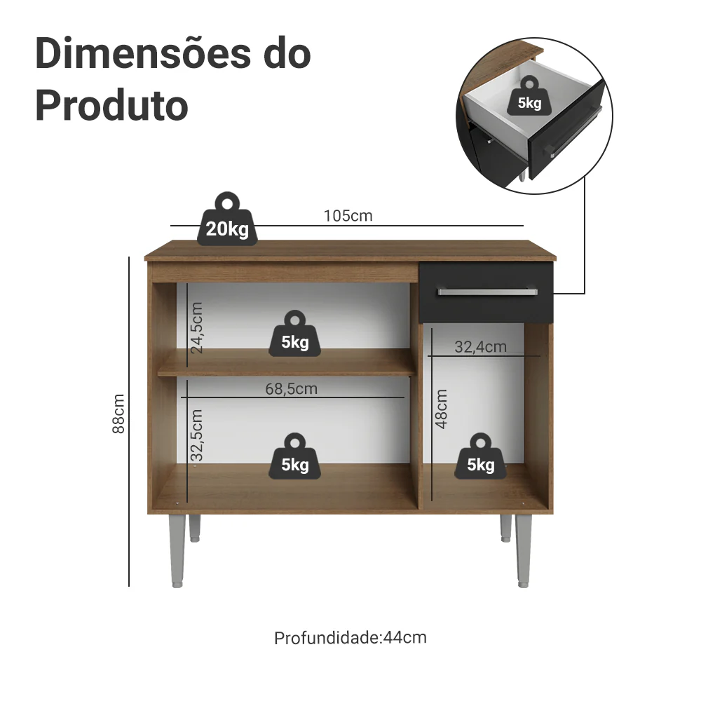Buffet Aparador 105cm 3 Portas e 1 Gaveta Rustic/Preto Madesa - Image 3