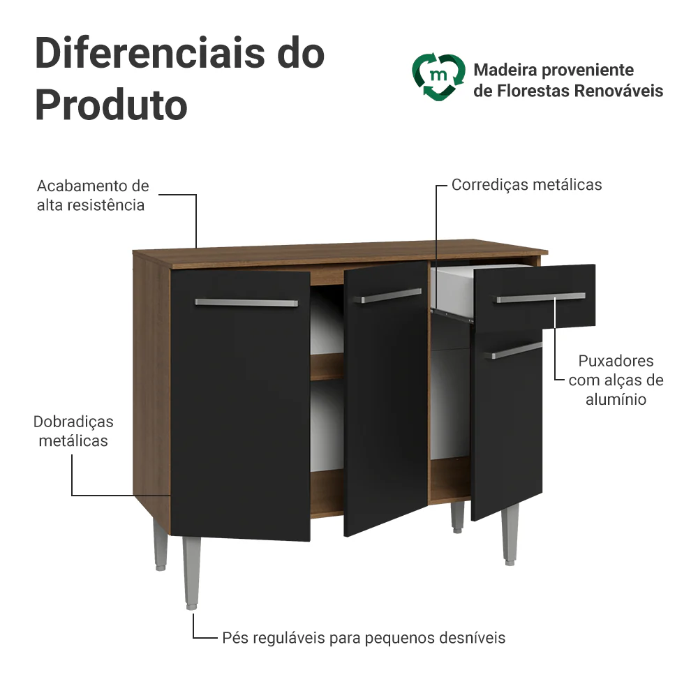 Buffet Aparador 105cm 3 Portas e 1 Gaveta Rustic/Preto Madesa - Image 4