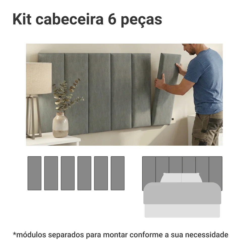 Cabeceira Estofada Modular Kit 6 Peças para Camas de Solteiro Silver Madesa - Image 5