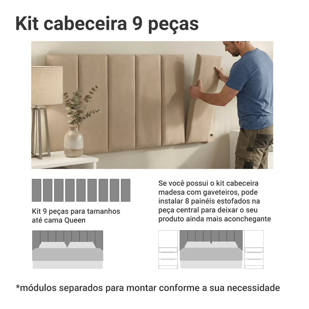 Cabeceira Estofada Modular Kit 9 Peças para Camas até Casal/Queen Imperial Madesa - Image 5