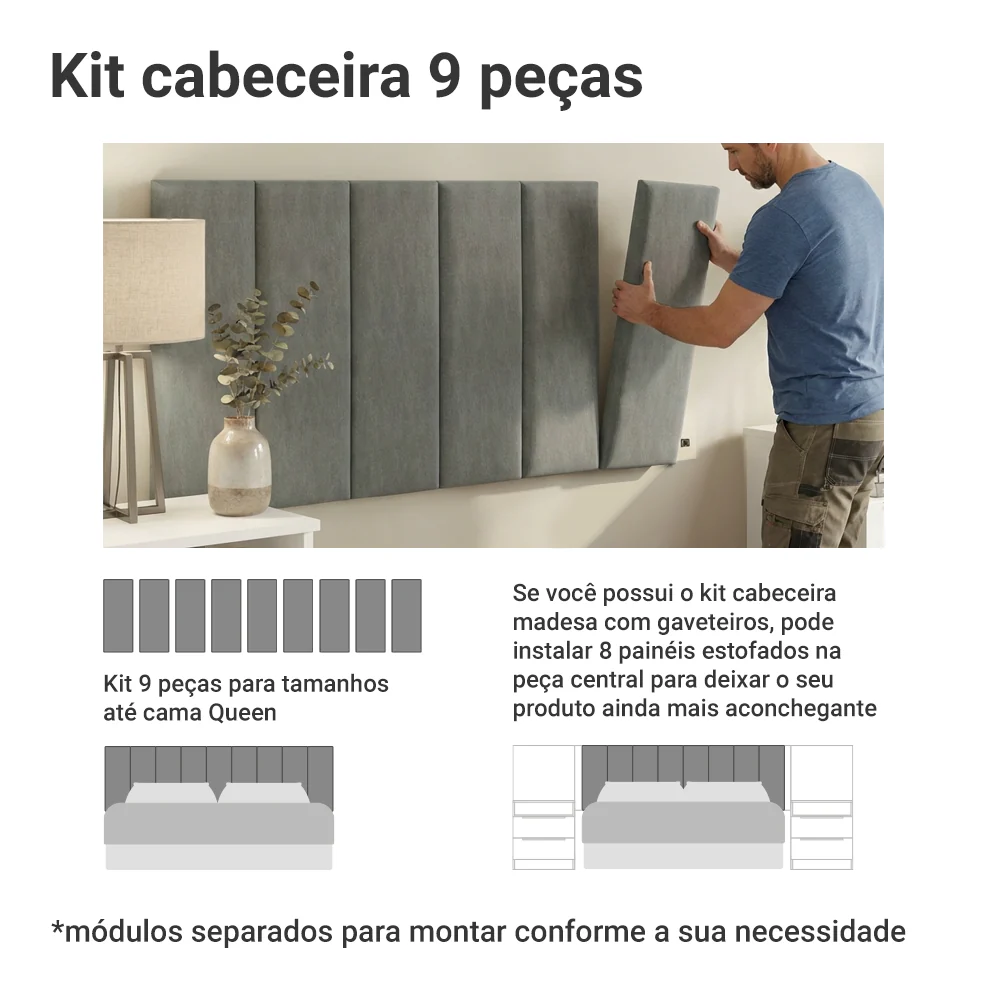 Cabeceira Estofada Modular Kit 9 Peças para Camas até Casal/Queen Silver Madesa - Image 5