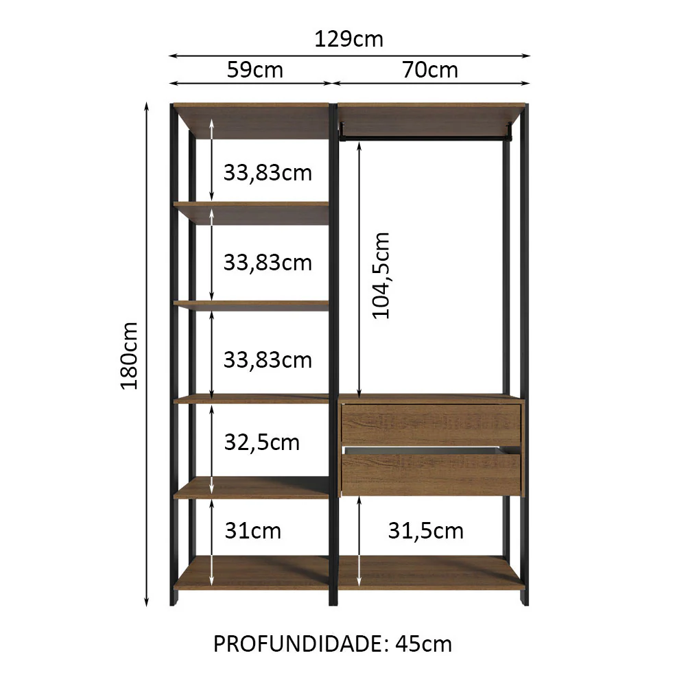 Guarda-Roupa Closet Modulado Valencia 2 Gavetas 129cm Rustic/Preto Madesa - Image 3