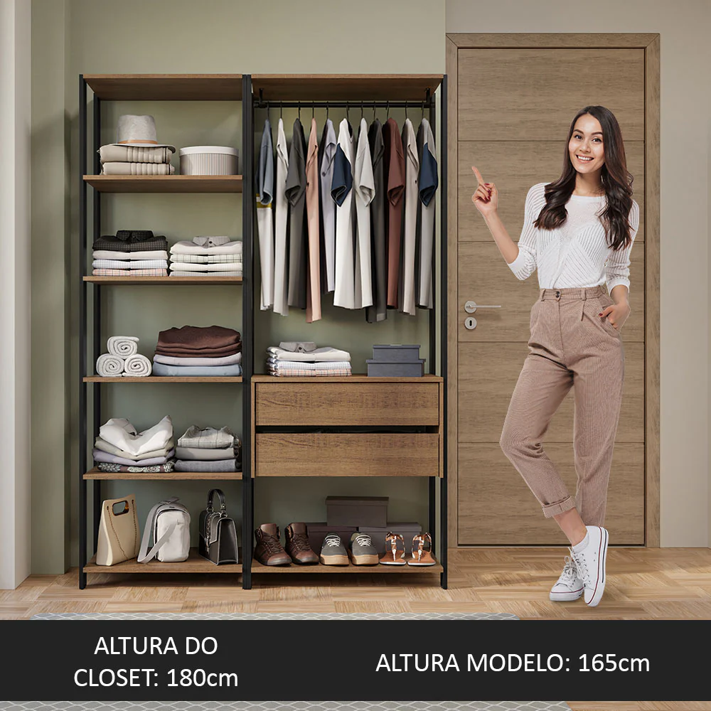 Guarda-Roupa Closet Modulado Valencia 2 Gavetas 129cm Rustic/Preto Madesa - Image 5