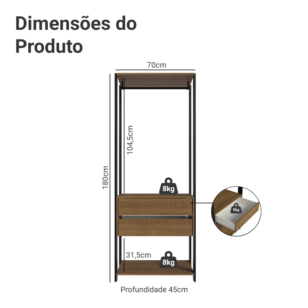 Guarda-Roupa Closet Modulado 2 Gavetas 70cm Rustic/Preto Madesa Valencia - Image 3