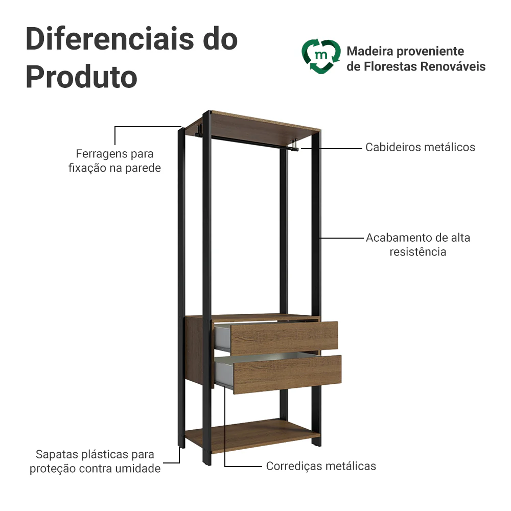 Guarda-Roupa Closet Modulado 2 Gavetas 70cm Rustic/Preto Madesa Valencia - Image 4