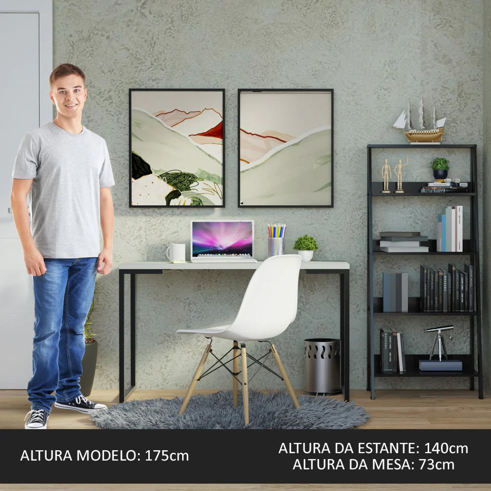 Conjunto Escritório Home Office com Mesa Industrial + Estante Escada Preto/Cinza Madesa - Image 5