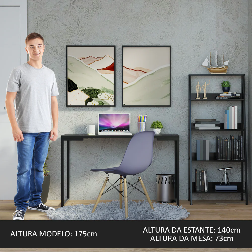 Conjunto Escritório Home Office com Mesa Industrial + Estante Escada Preto  Madesa - Image 5