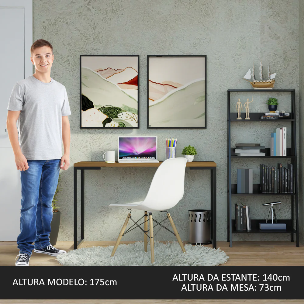 Conjunto Escritório Home Office com Mesa Industrial + Estante Escada Rustic/Preto Madesa - Image 5