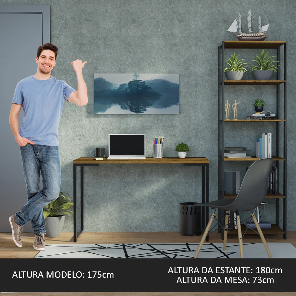 Conjunto Escritório Home Office com Mesa Industrial + Estante Preto/Rustic Madesa - Image 5