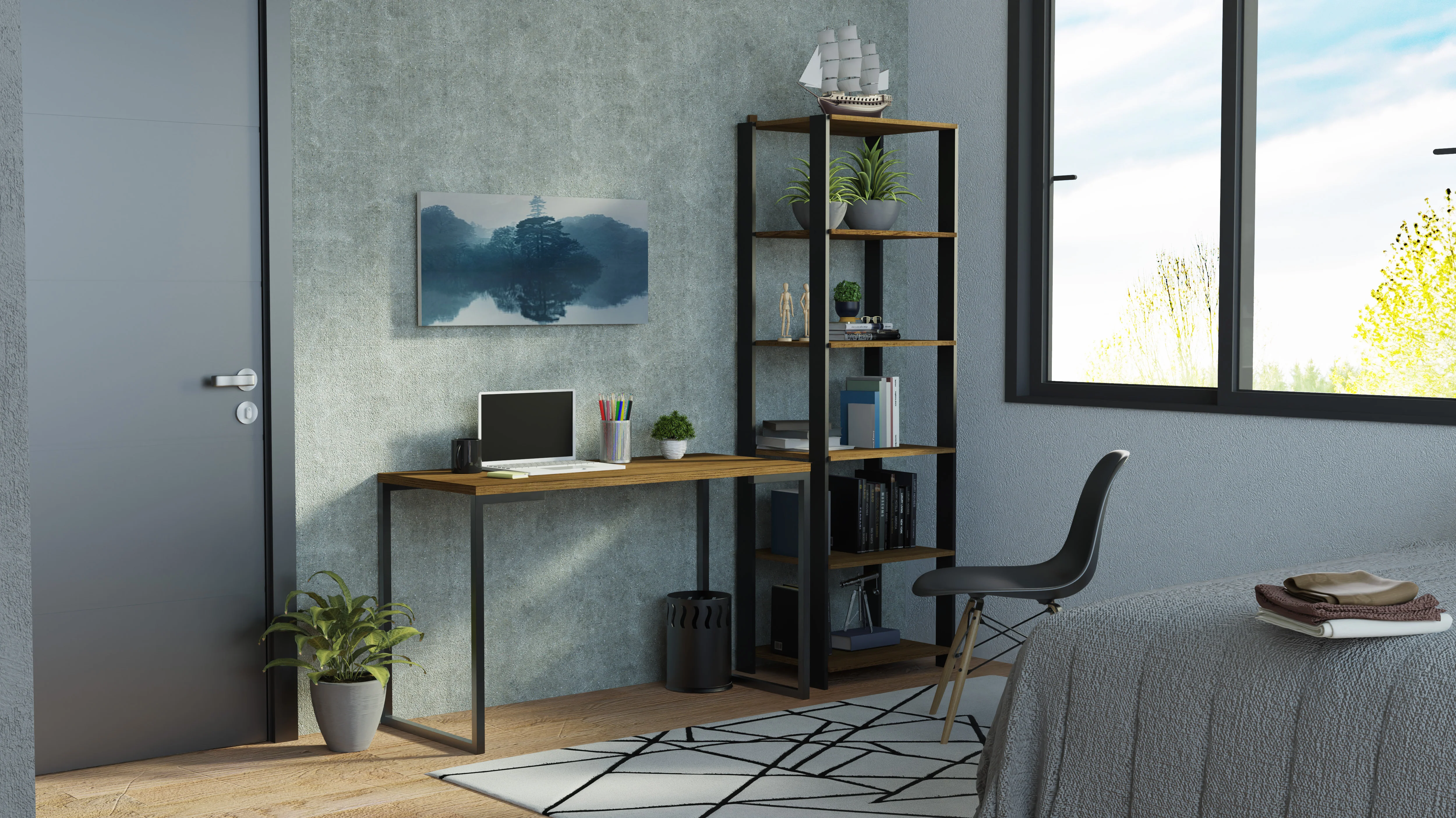 Conjunto Escritório Home Office com Mesa Industrial + Estante Preto/Rustic Madesa - Image 9