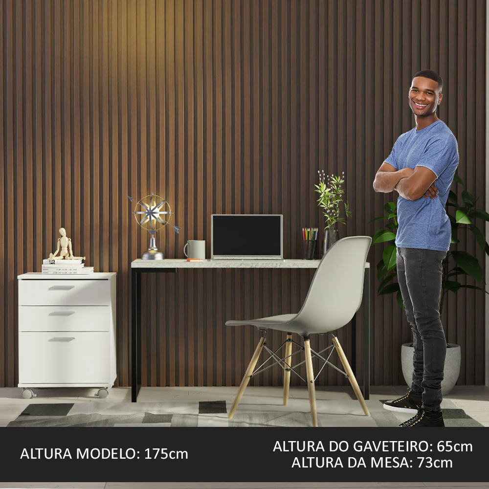 Conjunto Escritório Home Office com Mesa Industrial + Gaveteiro Branco/Cinza Madesa - Image 5