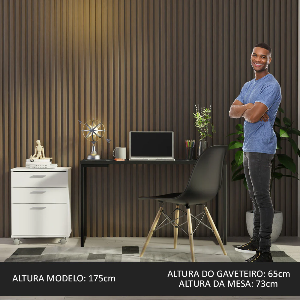 Conjunto Escritório Home Office com Mesa Industrial + Gaveteiro Branco/Preto Madesa - Image 5