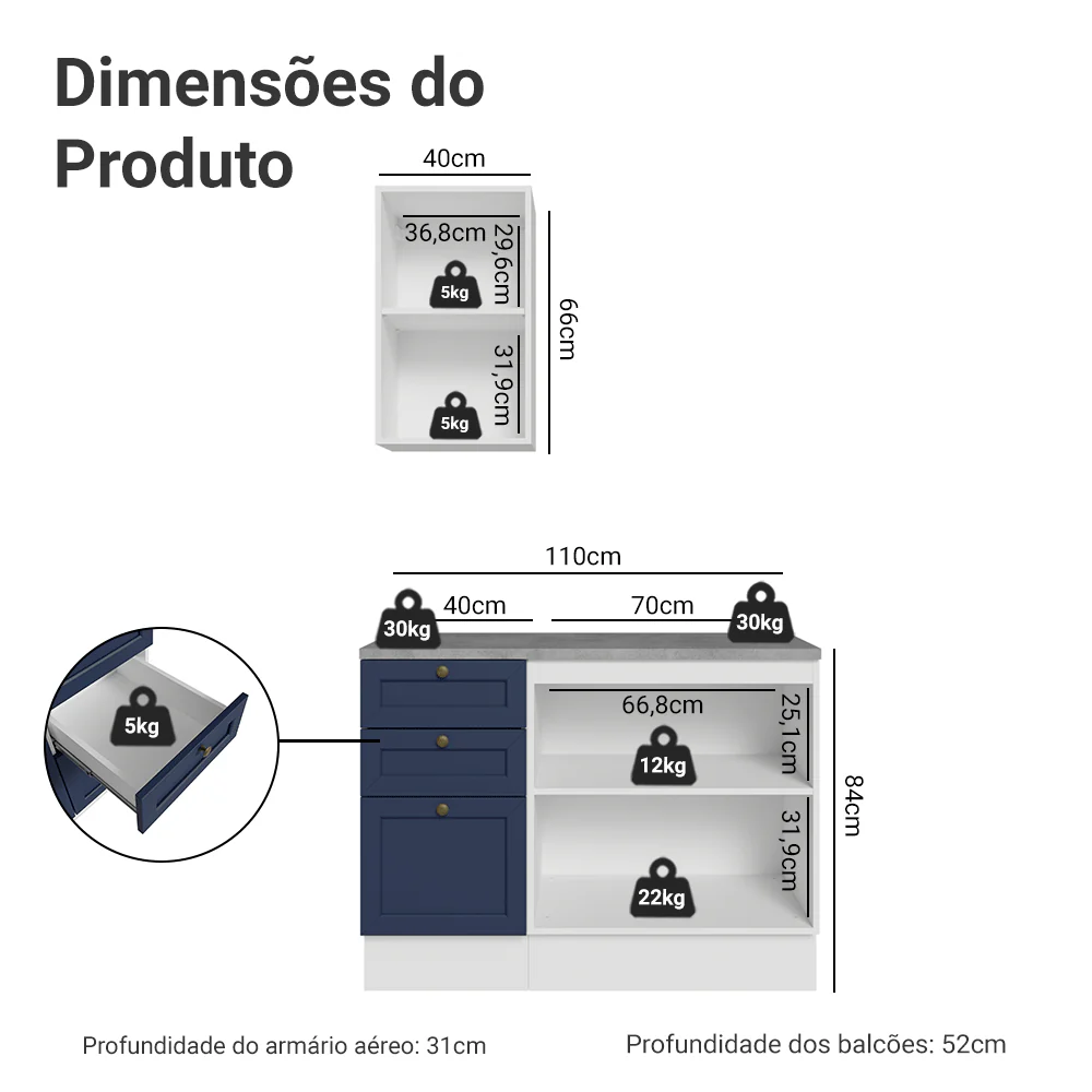 Conjunto Gabinete para Banheiro 110cm 3 Gavetas 3 Portas Branco/Azul Vik Madesa 01 - Image 3