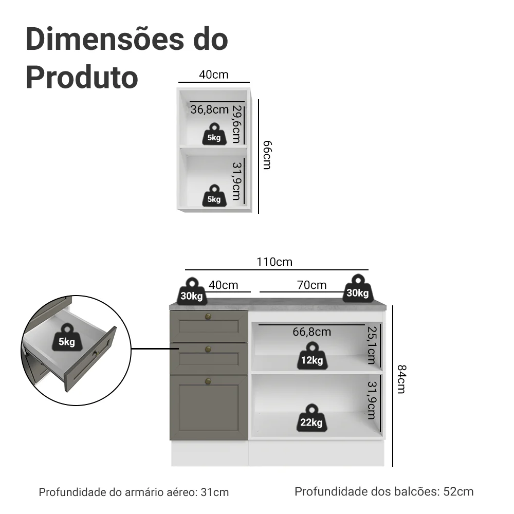 Conjunto Gabinete para Banheiro 110cm 3 Gavetas 3 Portas Branco/Cinza Vik Madesa 01 - Image 3