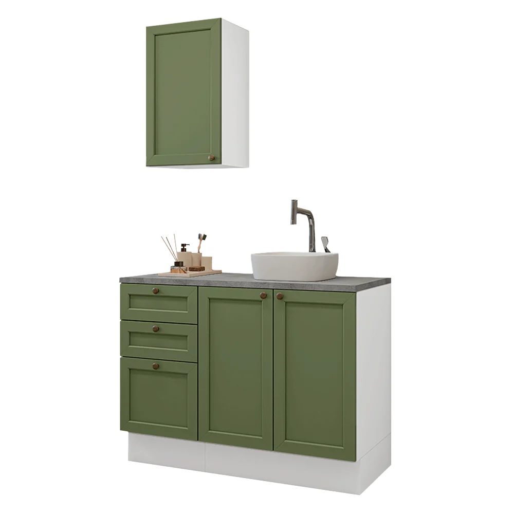 Conjunto Gabinete para Banheiro 110cm 3 Gavetas 3 Portas Branco/Verde Vik Madesa 01 - Image 2