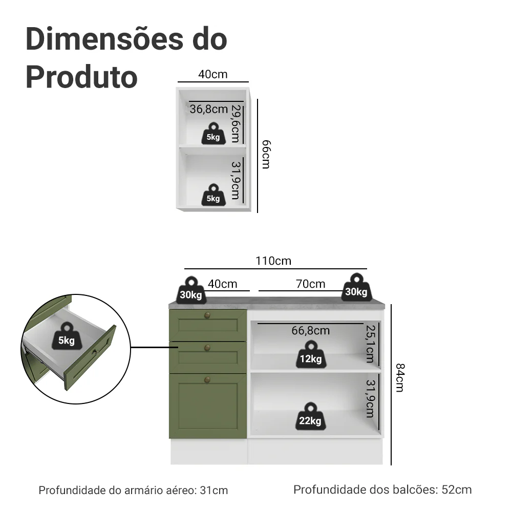 Conjunto Gabinete para Banheiro 110cm 3 Gavetas 3 Portas Branco/Verde Vik Madesa 01 - Image 3