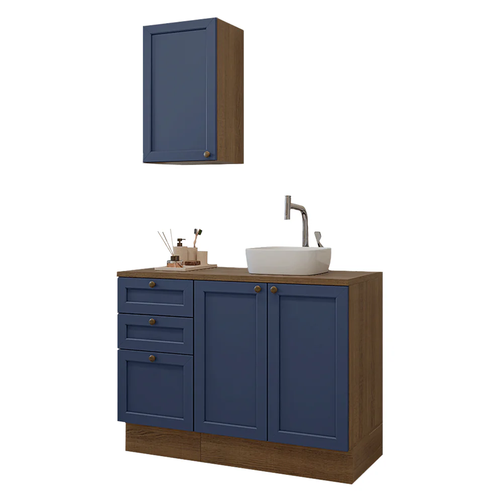 Conjunto Gabinete para Banheiro 110cm 3 Gavetas 3 Portas Rustic/Azul Vik Madesa 01 - Image 2