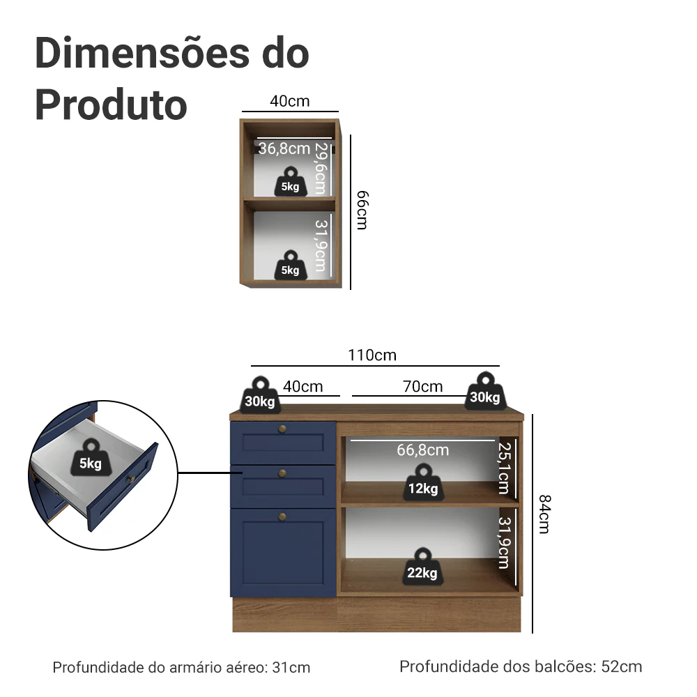 Conjunto Gabinete para Banheiro 110cm 3 Gavetas 3 Portas Rustic/Azul Vik Madesa 01 - Image 3