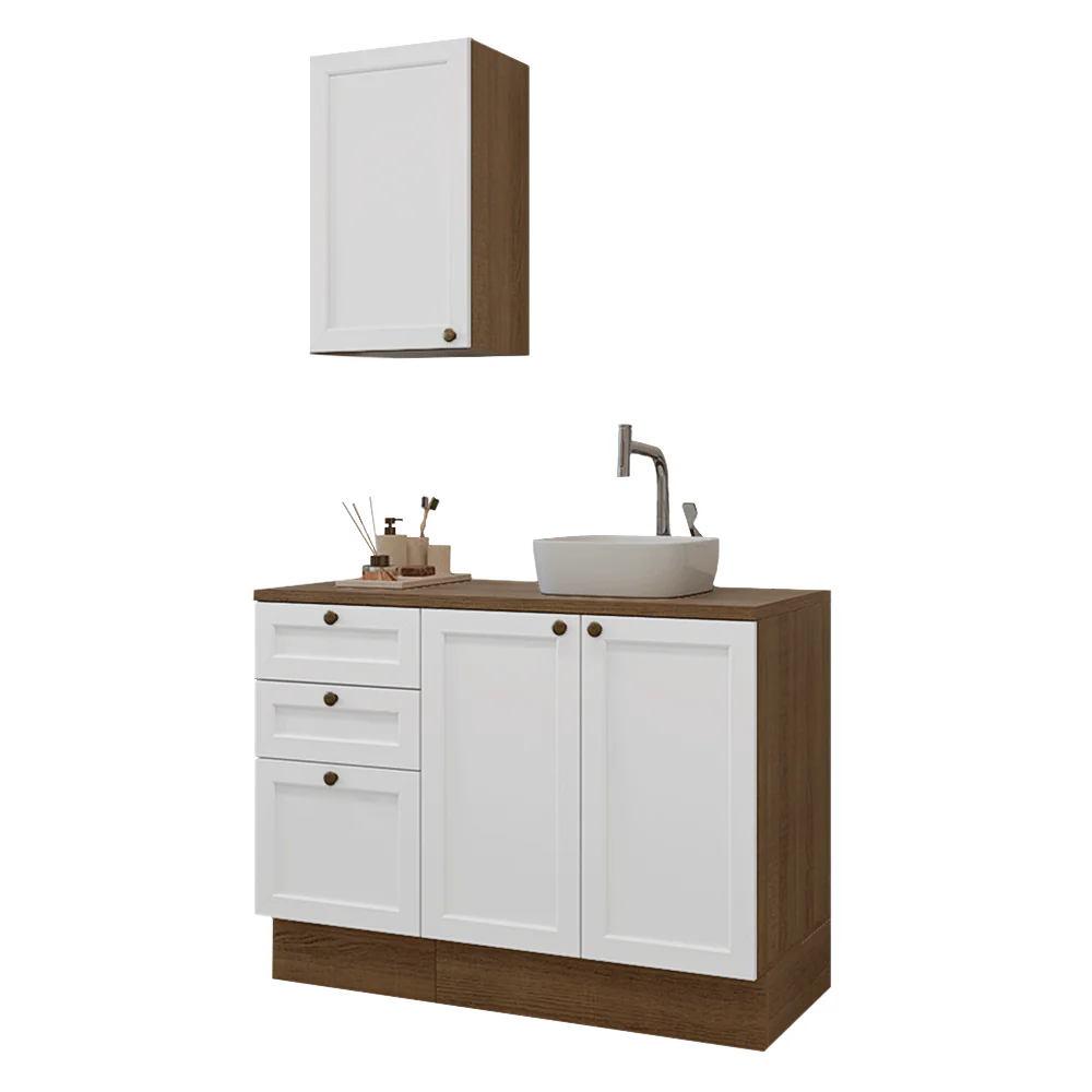 Conjunto Gabinete para Banheiro 110cm 3 Gavetas 3 Portas Rustic/Branco Vik Madesa 01 - Image 2
