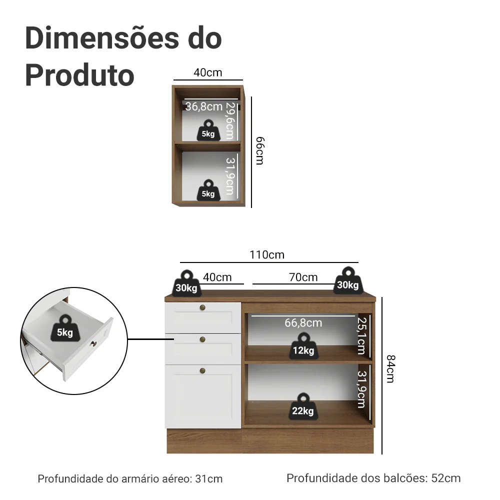Conjunto Gabinete para Banheiro 110cm 3 Gavetas 3 Portas Rustic/Branco Vik Madesa 01 - Image 3