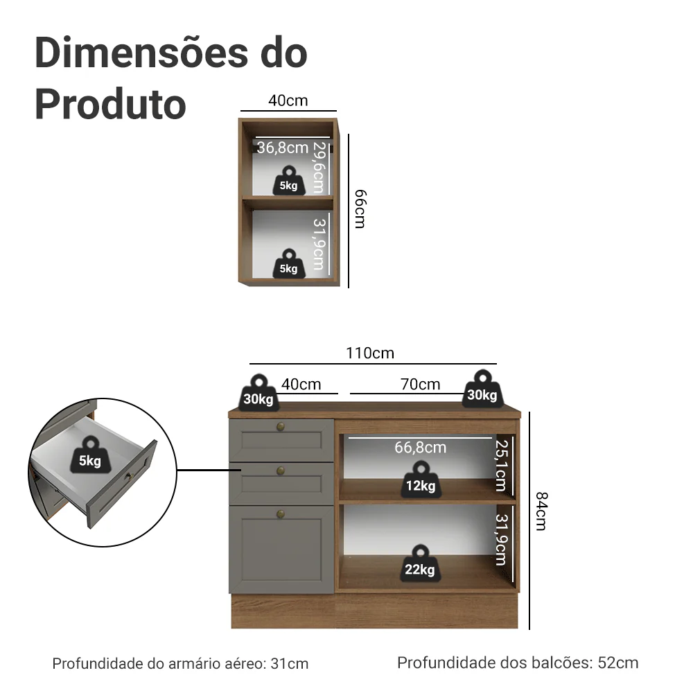 Conjunto Gabinete para Banheiro 110cm 3 Gavetas 3 Portas Rustic/Cinza Vik Madesa 01 - Image 3