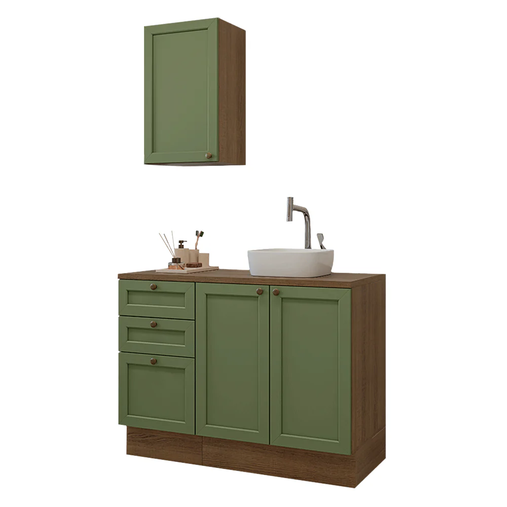 Conjunto Gabinete para Banheiro 110cm 3 Gavetas 3 Portas Rustic/Verde Vik Madesa 01 - Image 2