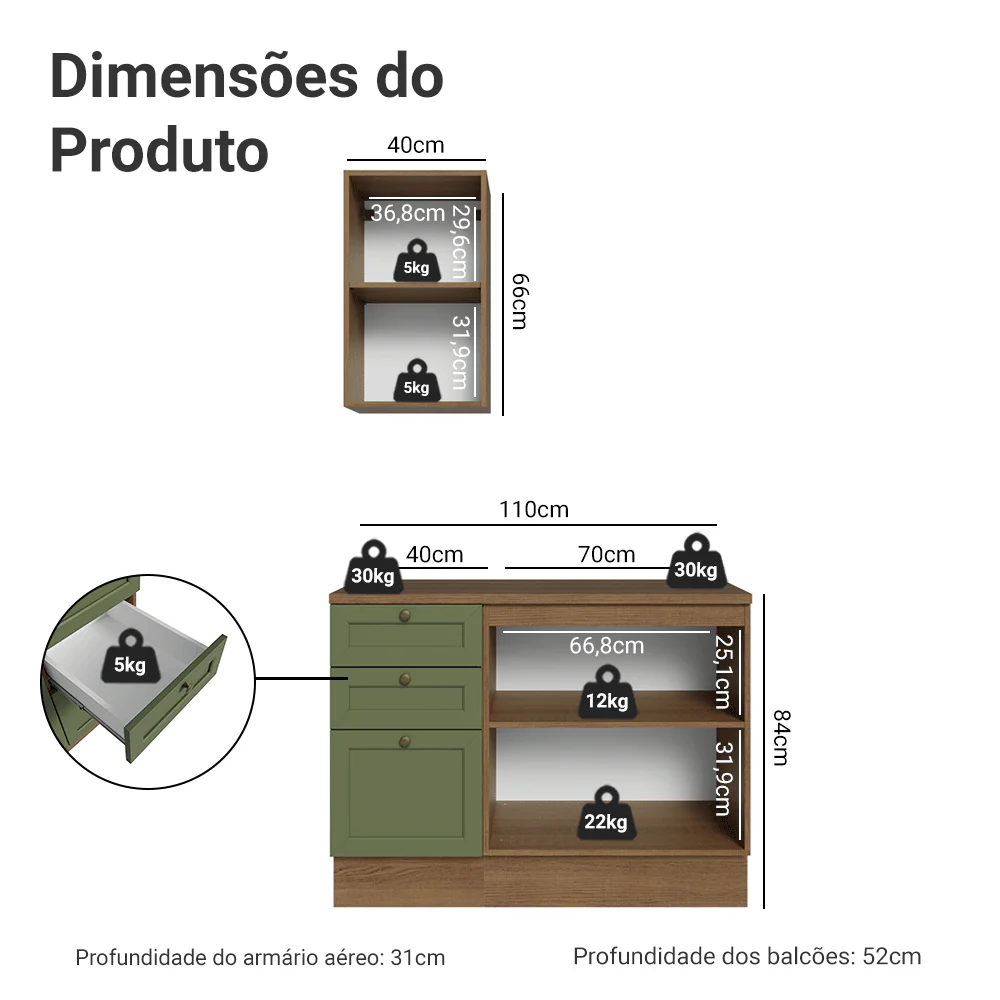 Conjunto Gabinete para Banheiro 110cm 3 Gavetas 3 Portas Rustic/Verde Vik Madesa 01 - Image 3