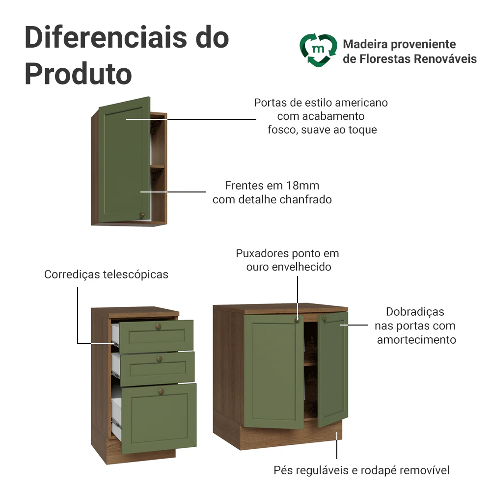 Conjunto Gabinete para Banheiro 110cm 3 Gavetas 3 Portas Rustic/Verde Vik Madesa 01 - Image 4