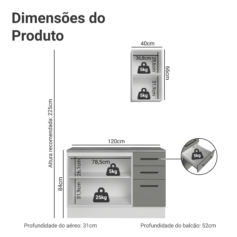 Conjunto Gabinete para Banheiro 120cm 3 Portas 3 Gavetas Branco/Cinza Agata Madesa 01 - Image 3