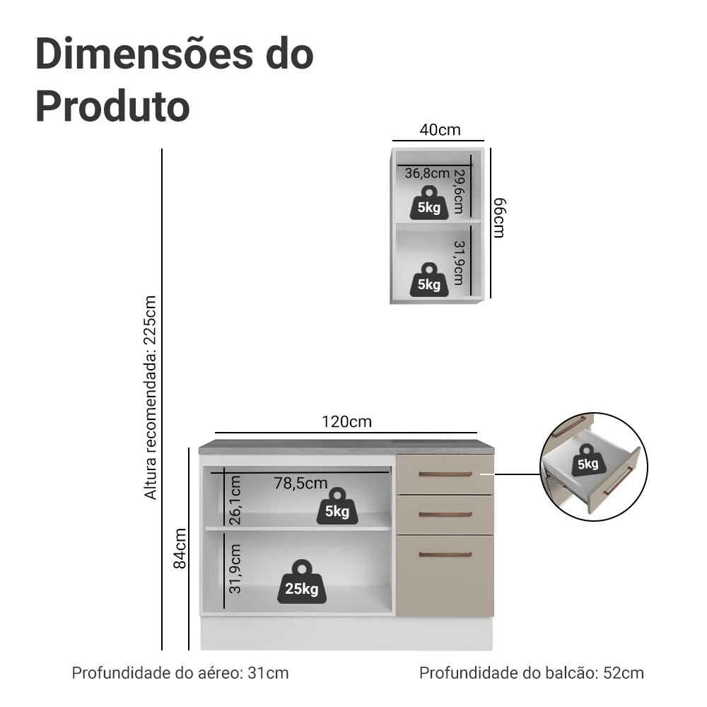Conjunto Gabinete para Banheiro 120cm 3 Portas 3 Gavetas Branco/Crema Agata Madesa 01 - Image 3