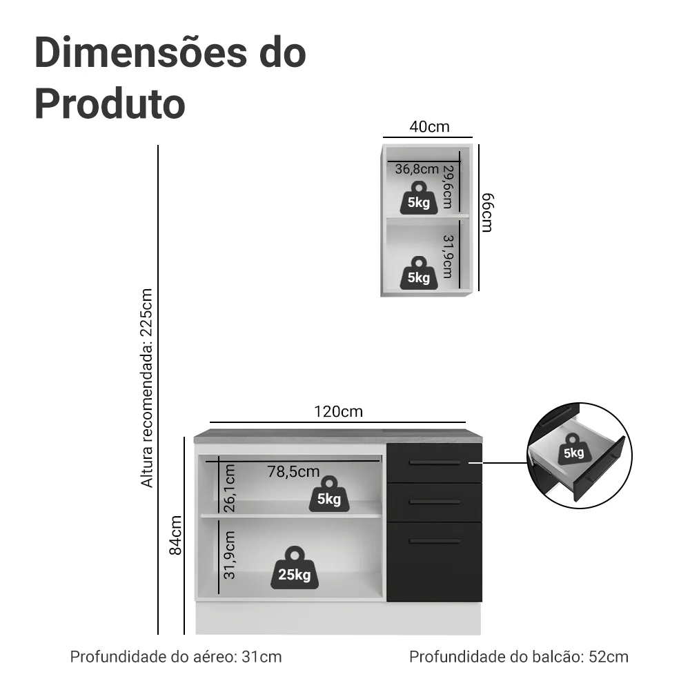 Conjunto Gabinete para Banheiro 120cm 3 Portas 3 Gavetas Branco/Preto Agata Madesa 01 - Image 3