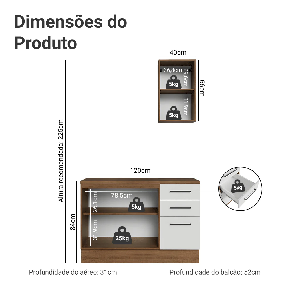 Conjunto Gabinete para Banheiro 120cm 3 Portas 3 Gavetas Rustic/Branco Agata Madesa 01 - Image 3