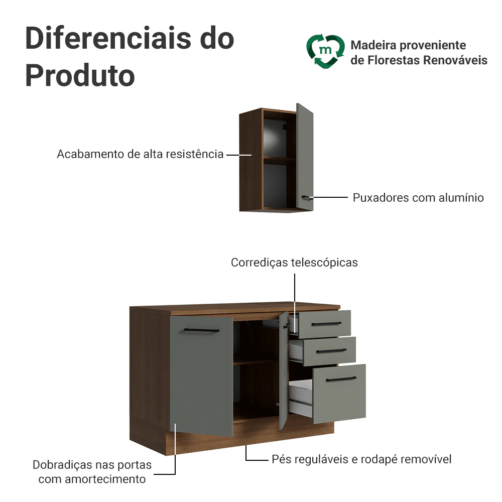 Conjunto Gabinete para Banheiro 120cm 3 Portas 3 Gavetas Rustic/Cinza Agata Madesa 01 - Image 4