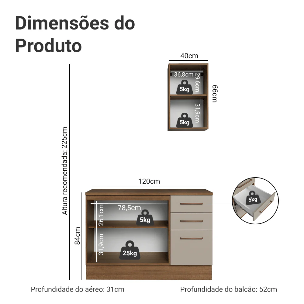 Conjunto Gabinete para Banheiro 120cm 3 Portas 3 Gavetas Rustic/Crema Agata Madesa 01 - Image 3