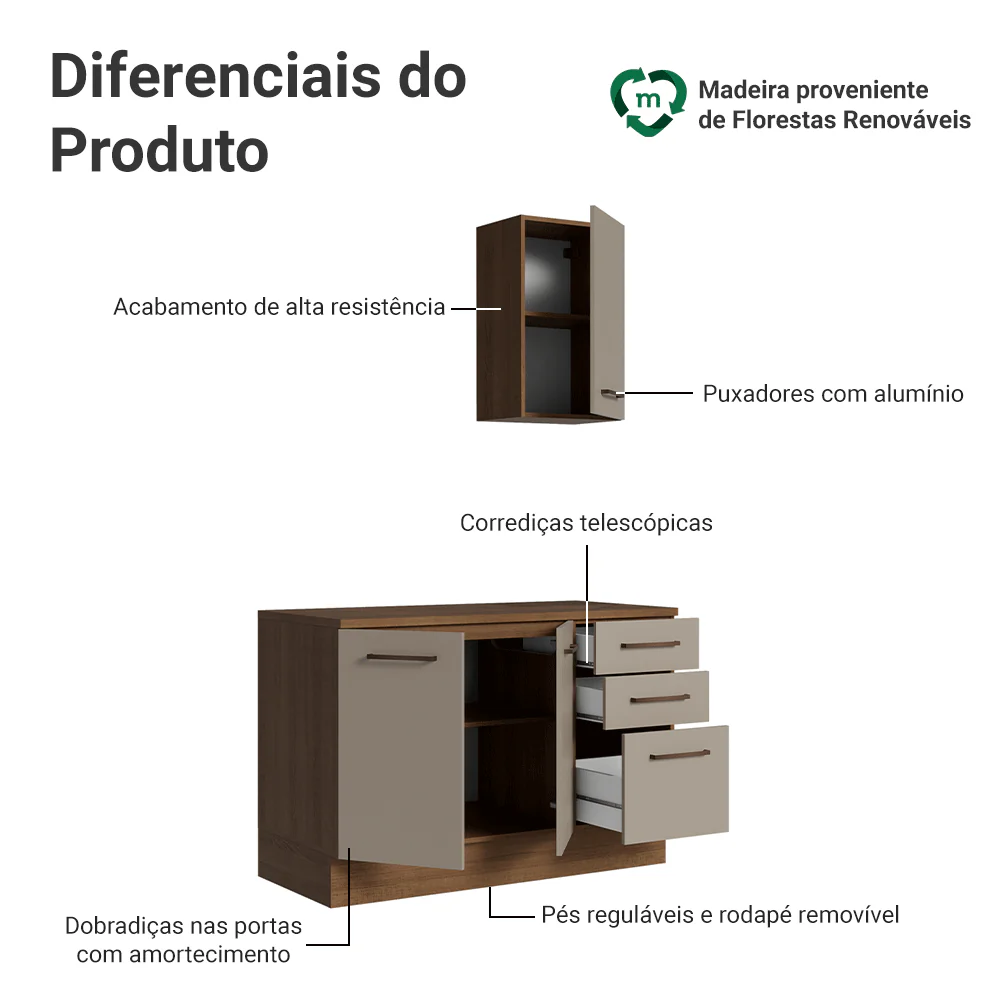 Conjunto Gabinete para Banheiro 120cm 3 Portas 3 Gavetas Rustic/Crema Agata Madesa 01 - Image 4