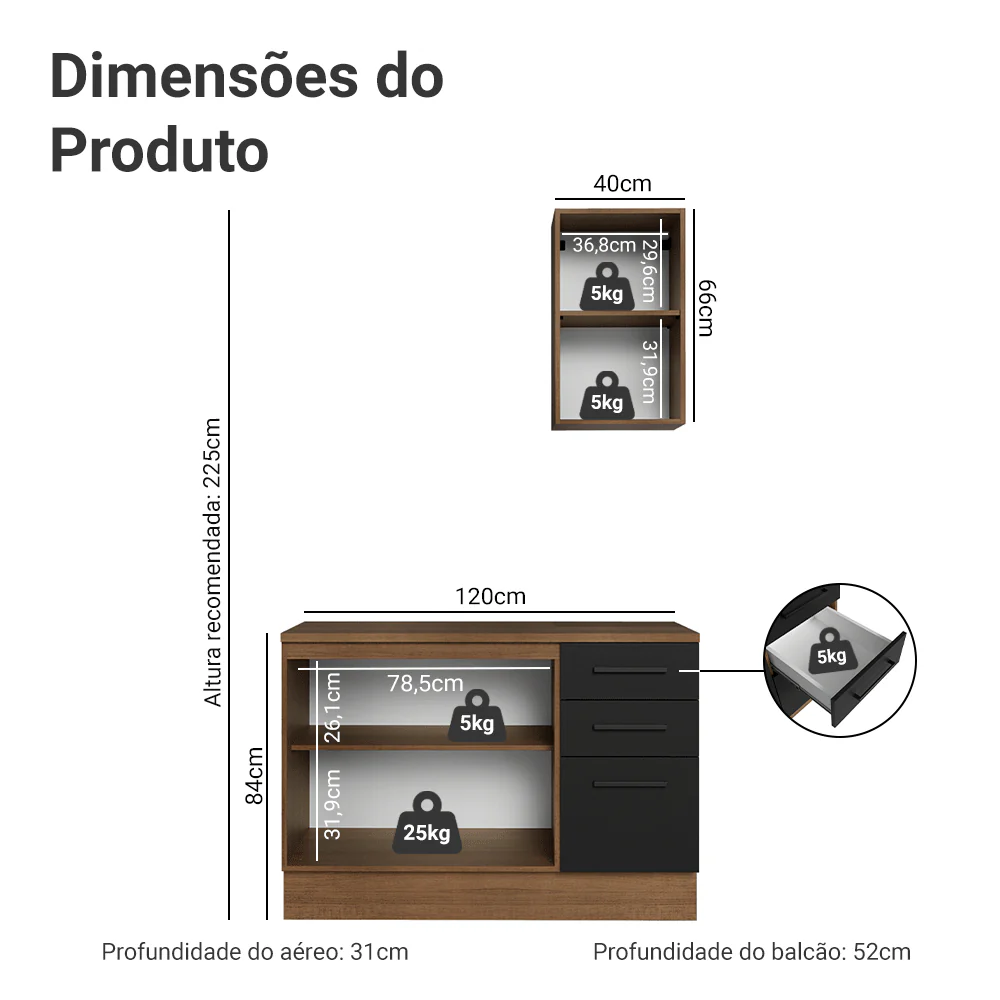 Conjunto Gabinete para Banheiro 120cm 3 Portas 3 Gavetas Rustic/Preto Agata Madesa 01 - Image 3