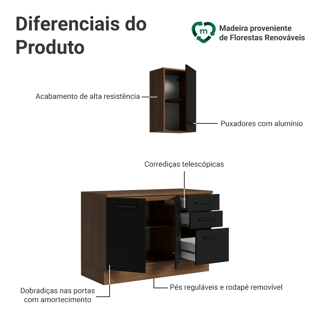 Conjunto Gabinete para Banheiro 120cm 3 Portas 3 Gavetas Rustic/Preto Agata Madesa 01 - Image 4