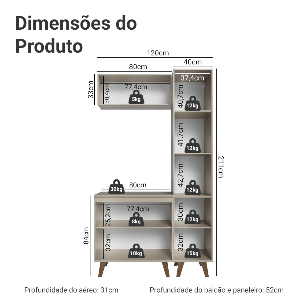 Conjunto Gabinete para Banheiro 120cm 5 Portas Crema Nice Madesa 03 - Image 3