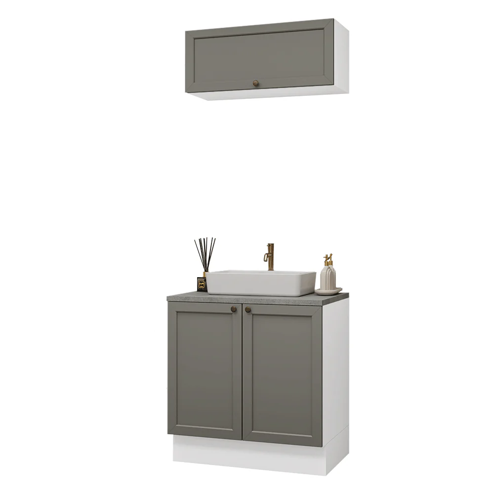 Conjunto Gabinete para Banheiro 80cm 3 Portas Branco/Cinza Vik Madesa 02 - Image 2