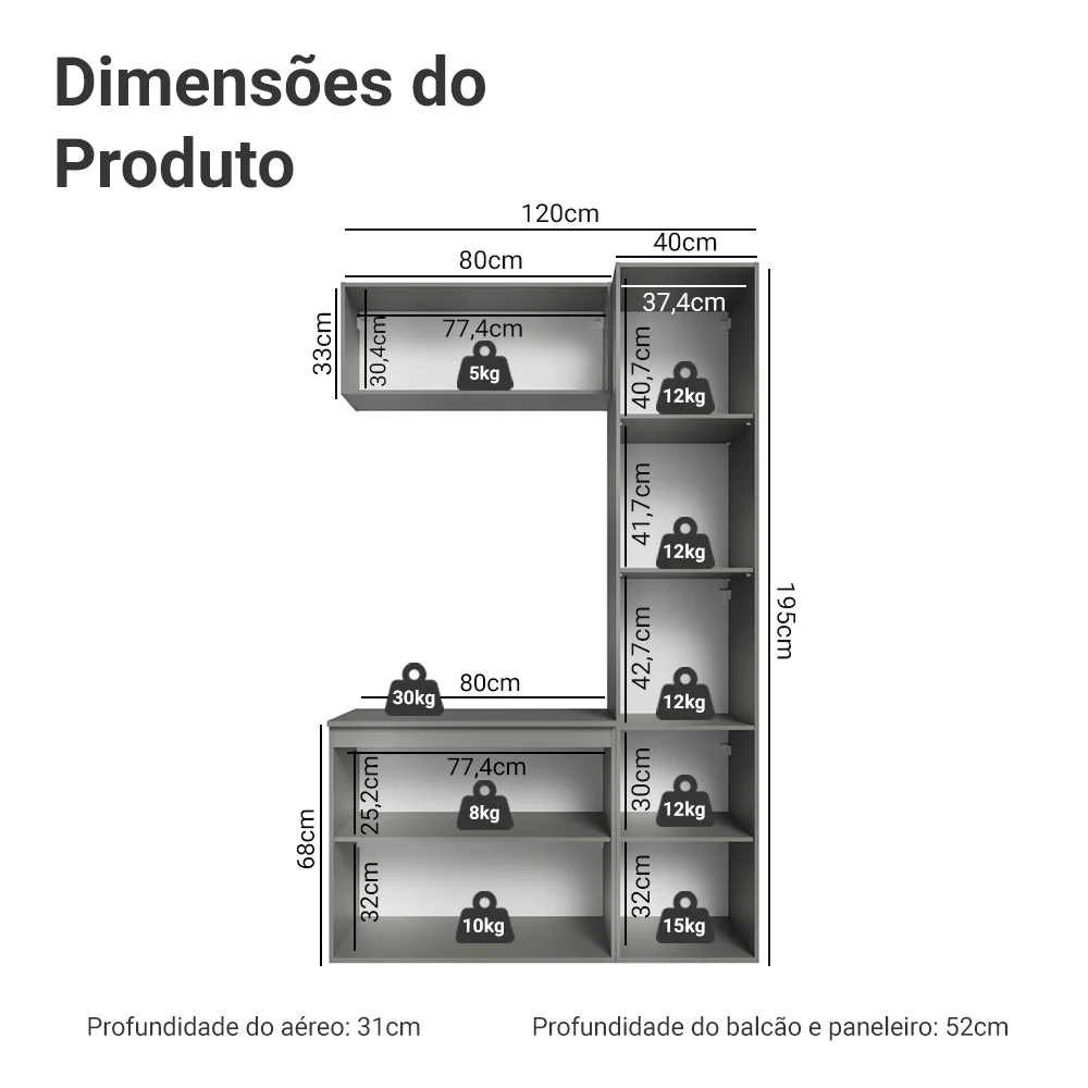 Conjunto Gabinete Suspenso para Banheiro 120cm 5 Portas Cinza Nice Madesa 02 - Image 3