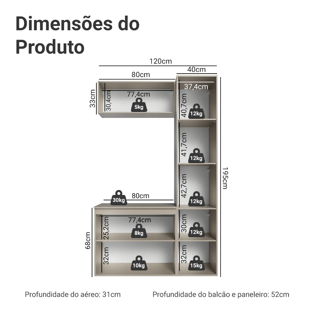 Conjunto Gabinete Suspenso para Banheiro 120cm 5 Portas Crema Nice Madesa 02 - Image 3