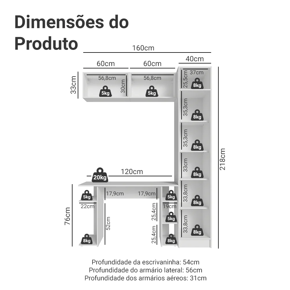 Conjunto Home Office 1 Guarda-Roupa 2 Aéreos Neo 1 Escrivaninha Branco Madesa - Image 3