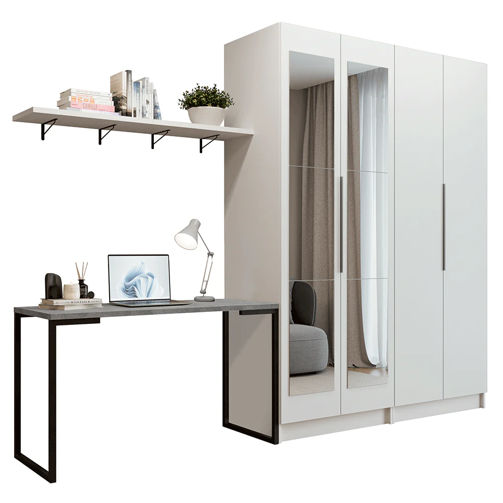 Conjunto Home Office 2 Armários com Espelhos Neo 1 Escrivaninha 2 Prateleiras Branco Madesa - Image 2