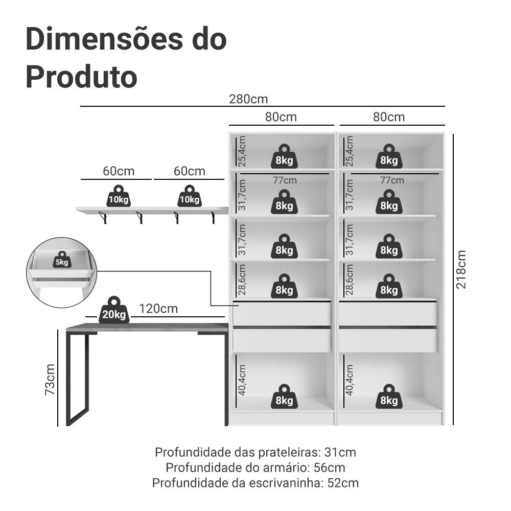 Conjunto Home Office 2 Armários com Espelhos Neo 1 Escrivaninha 2 Prateleiras Branco Madesa - Image 3