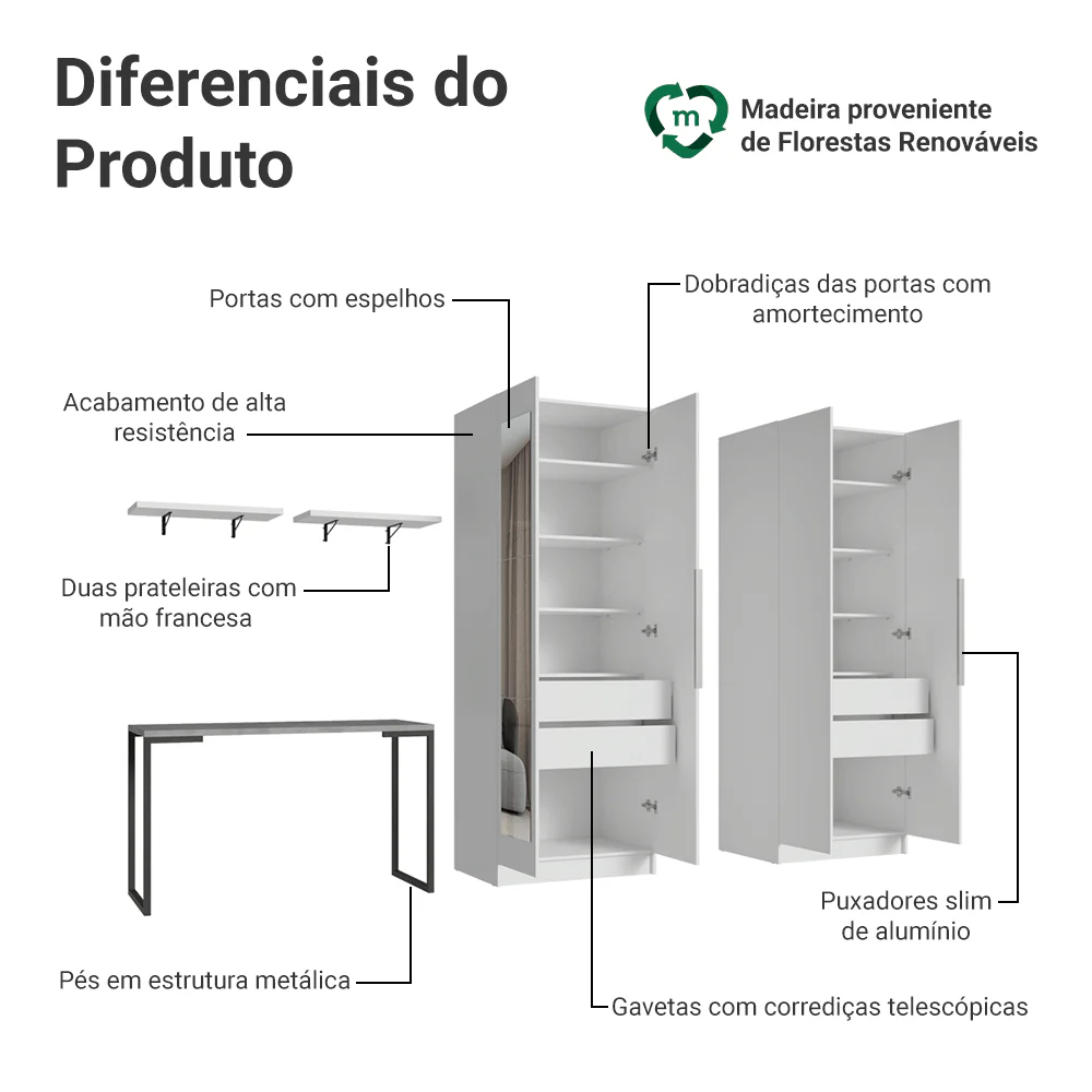 Conjunto Home Office 2 Armários com Espelhos Neo 1 Escrivaninha 2 Prateleiras Branco Madesa - Image 4